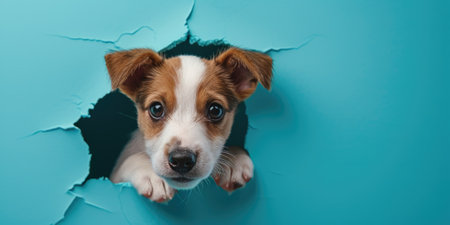Close up view picture of the hollow blue hole on the the wall that show the dog stay inside the wall that has been made from some material yet still can break to look through the other side. AIGX03.の素材
