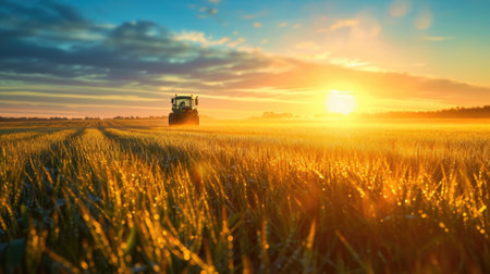 An early morning farmers field, dew on crops, sunrise casting a golden glow, tranquil and fertile landscape. Resplendent.の素材
