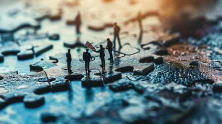 The miniature varies group of employed people that standing still on the uncompleted jigsaw board trying to work together to find the solution for the problem that they talking to each other. AIGX03.の素材