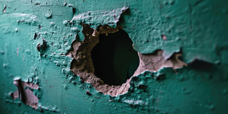 Close up view picture of the hollow green hole on the the wall that show the breaking part of the wall that has been made from strong material yet still can break to look through other side. AIGX03.の素材