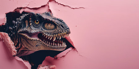 Close up view picture of the hollow pink hole on the the wall that show the t.rex stay inside the wall that has been made from some material yet still can break to look through the other side. AIGX03.の素材