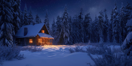 A lone log cabin radiates warmth with its glowing windows against the twilight of a tranquil, snow-covered forest landscape. Resplendent.の素材