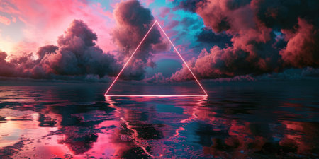 The great reddish floating triangle beyond the ocean that surrounded with a lot amount of the tall cloud at the dawn or dusk time of the day that shine light to the every part of the picture. AIGX03.の素材