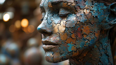 The adult female human head look at side view in the contemplation that has been created from the scattered and uncompleted colourful jigsaw puzzles by gather them in form of the woman head. AIGX03.の素材