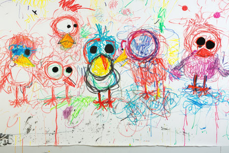 The hand drawing colourful picture of the group of the various type of chicken that has been drawn by the colored pencil or crayon on the white background that seem to be drawn by the child. AIGX01.の素材