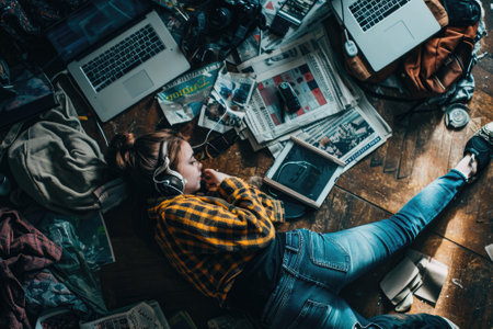 The top view of picture that about young scandinavian human that laying down and listening to the music and focused in the full of the thought and music with room that surrounded with devices. AIGX03.の素材