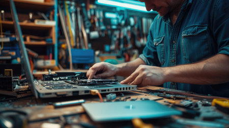 A man is using a computer in a workshop, combining engineering and art for building. AIG41の素材