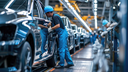 A man is busy working on a car in a factory, inspecting tires, wheels, and automotive lighting for the vehicles assembly. AIG41の素材