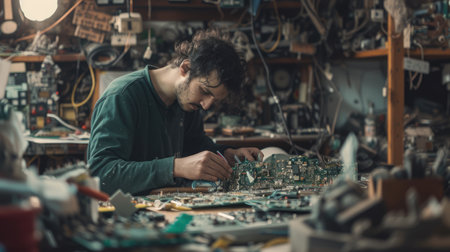 An engineer is skillfully assembling a motherboard in a workshop, showcasing their technical expertise and dedication to the art of building. AIG41の素材