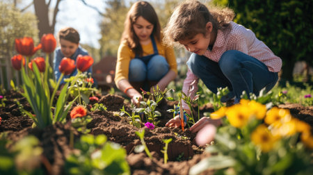 A happy family enjoying leisure time, picking beautiful flowers in a natural landscape surrounded by plants, trees, and grass. AIG41の素材