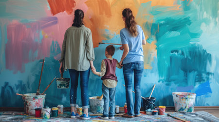 A happy family sharing a fun leisure event, sitting on the floor in front of a colorful wall, with smiles and laughter filling the room. AIG41の素材