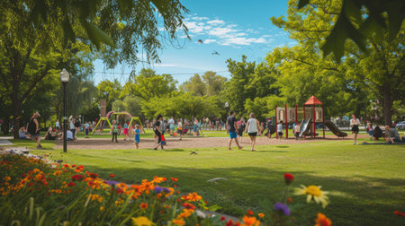 A group of people enjoying leisure activities in a park with a playground, surrounded by natural landscapes, trees, grass, and plants. AIG41の素材