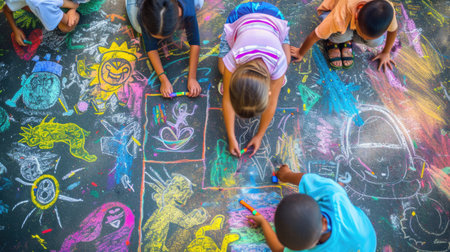 A happy group of children are engaging in leisurely sports and recreation by sitting on the ground, drawing with chalk. AIG41の素材