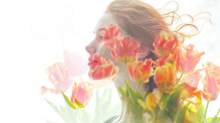 The closeup double exposure picture between young adult beautiful female caucasian human and bright beautiful nature in the morning or evening that the picture stand for peaceful of the life. AIGX01.の素材