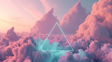 The great blue neon floating triangle beyond the sky that surrounded with cloudscape at the dawn or dusk time of the day that shine the light and bright to the every part of the endless sky. AIGX03.の素材