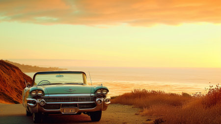 A vintage car parked on a winding coastal road overlooking the ocean, with a stunning sunset in the background creating a nostalgic scene. Resplendent.の素材