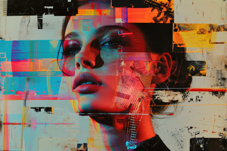 The close up picture of human face with emotionless expression that the picture has neon glitch effect that feels like from scifi or science fiction futuristic cyberpunk artstyle yet dystopia. AIGX01.の素材