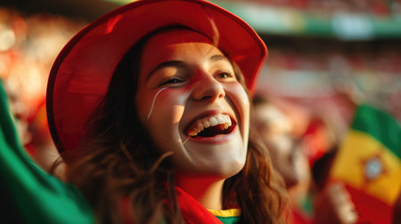 A fan wearing a hat joyfully shouts and waves the Portuguese flag in the stadium among the entertained crowd during the event. AIG41の素材