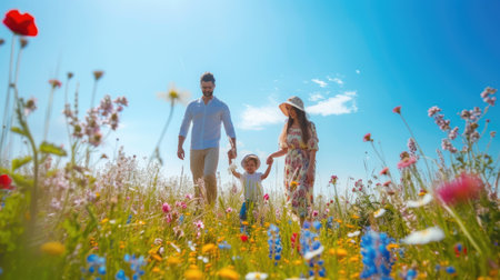 A happy family holding hands walks through a grassy field of flowers, surrounded by the beautiful natural landscape and vast sky. AIG41の素材