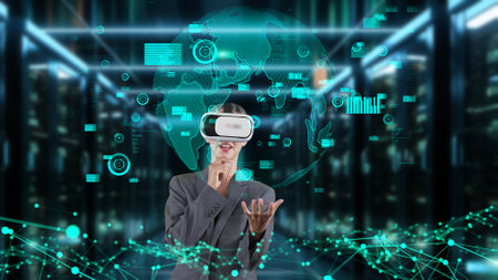 Businesswoman user making zoom with big data dynamic world market graph monitor by VR future global...