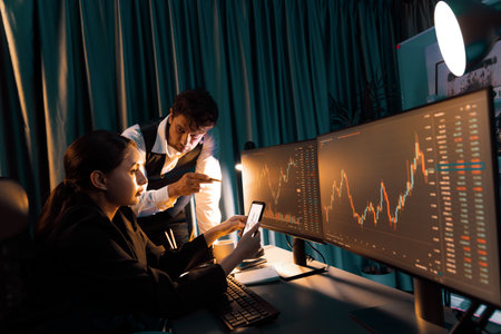 Two business traders discussing on dynamic stock exchange currency rate risk investment compare data...