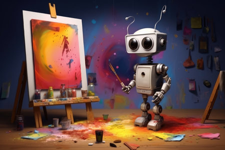 Concept of generative AI art technology, robot painting picture in studio. comelinessの素材