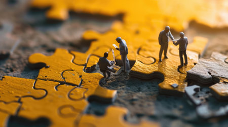 The miniature varies group of employed people that standing still on the uncompleted jigsaw board trying to work together to find the solution for the problem that they talking to each other. AIGX03.の素材