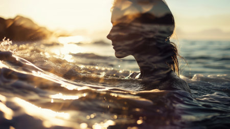 The picture of the young or adult female human doing the standing pose for relaxation or meditating the mind in the middle of the nature under bright sun in the daytime of a dawn or dusk day. AIGX03.の素材