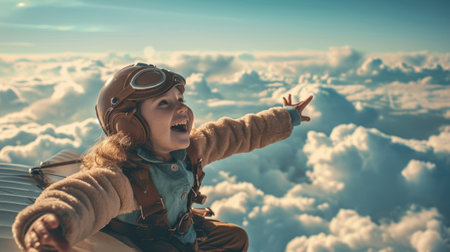 The side view of the picture that has the child flying into the bright sky with the aviator costume and the pair of goggles under the bright light of the bright sun with the happy smile face. AIGX03.の素材