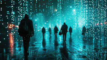 The picture of the group people that has been walking into the endless walkway that has been raining with the digital matrix green binary rain of code that seem like people search something. AIGX01.の素材
