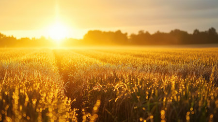 An early morning farmers field, dew on crops, sunrise casting a golden glow, tranquil and fertile landscape. Resplendent.の素材