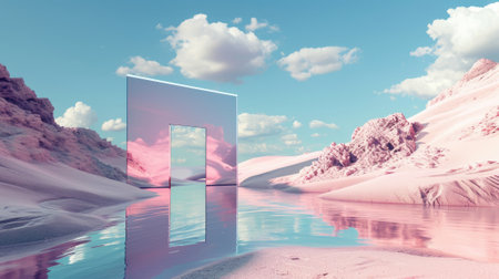 A metallic pink square portal in the middle of the clear river that connected to the ocean that surrounded with a pile of the pink sand and pink desert under the cloudy sky in the sunny day. AIGX03.の素材