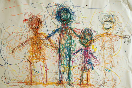 The hand drawing colourful picture of the group of the human family that has been drawn by the colored pencil, crayon or color chalk on the white background that seem to be drawn by the child. AIGX01.の素材
