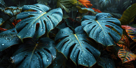 The picture of nature that focused to the blue leaf from tree in the forrest that stay on ground and got illuminated with the bright light of sunlight in the summer or spring time of the year. AIGX03.の素材