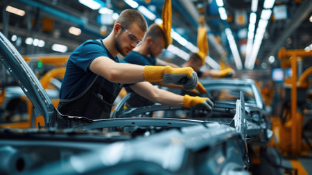 A man is seen works on a motor vehicle in a factory, focusing on the automotive tire, engine hood, and other auto parts. AIG41の素材