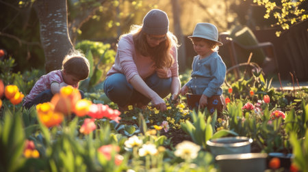 A boy and a girl happily picking flowers in a natural environment, sharing a joyful moment amidst the plant-filled garden. AIG41の素材