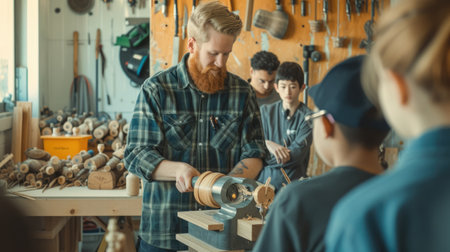 A skilled woodworker demonstrates lathe techniques to a group of engaged young apprentices in a well-equipped workshop. AIG41の素材