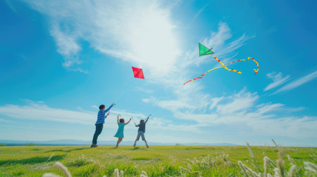 A happy family enjoys flying kites in the sky, surrounded by the natural landscape of a grassy field under the clouds. AIG41の素材