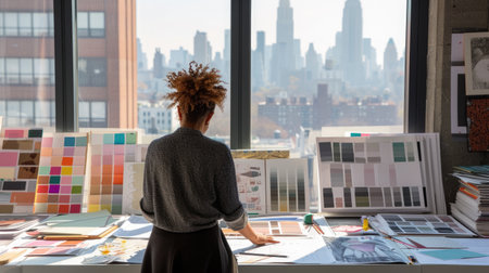 An interior designer is absorbed in evaluating various fabric samples spread across her studio table, with a backdrop of the cityscape outside. AIG41の素材