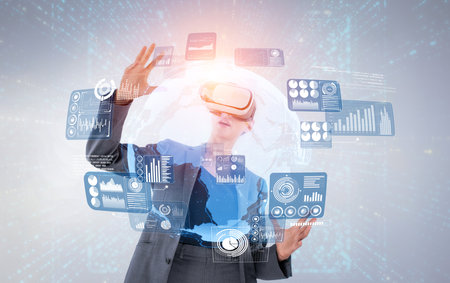 Caucasian business woman wear VR headset while looking at financial graph and connect with global...