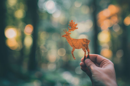 nature art of leaf carved into animal shape showing concept of sustainability and environmental conservation. aigx04の素材