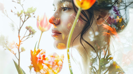 The closeup double exposure picture between young adult beautiful female caucasian human and bright beautiful nature in the morning or evening that the picture stand for peaceful of the life. AIGX01.の素材