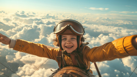 The side view of the picture that has the child flying into the bright sky with the aviator costume and the pair of goggles under the bright light of the bright sun with the happy smile face. AIGX03.の素材