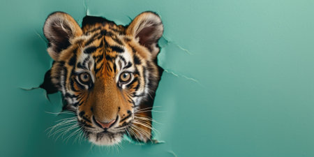 Close up view picture of the hollow green hole on the the wall that show the tiger stay inside the wall that has been made from some material yet still can be break to look through other side. AIGX03.の素材