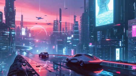 Futuristic city glows with soft hues, complemented by the sleek design of hovering vehicles above the vibrant skyline. Resplendent.の素材