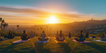 A serene yoga class at sunrise, participants in a tranquil outdoor setting, symbolizing peace and mindfulness. Resplendent.の素材