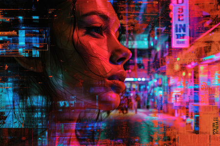 The close up picture of human face with emotionless expression that the picture has neon glitch effect that feels like from scifi or science fiction futuristic cyberpunk artstyle yet dystopia. AIGX01.の素材