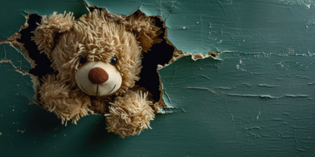 Close up view picture of the hollow green hole on the the wall that show the teddy stay inside the wall that has been made from some material yet still can be break to look through other side. AIGX03.の素材