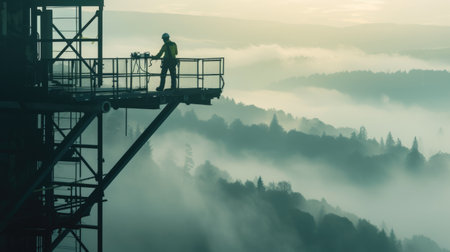 A construction worker stands on an elevated platform, overseeing a foggy industrial site, ensuring safety and project progress. AIG41の素材