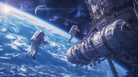A space station orbiting a distant planet, astronauts conducting spacewalks, and star-filled background. Resplendent.の素材